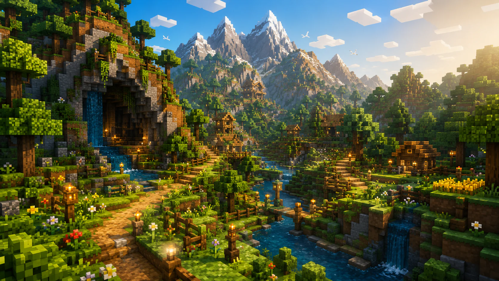 A sunlit voxel valley with oak forests, mountain peaks, gardens, paths, and rivers